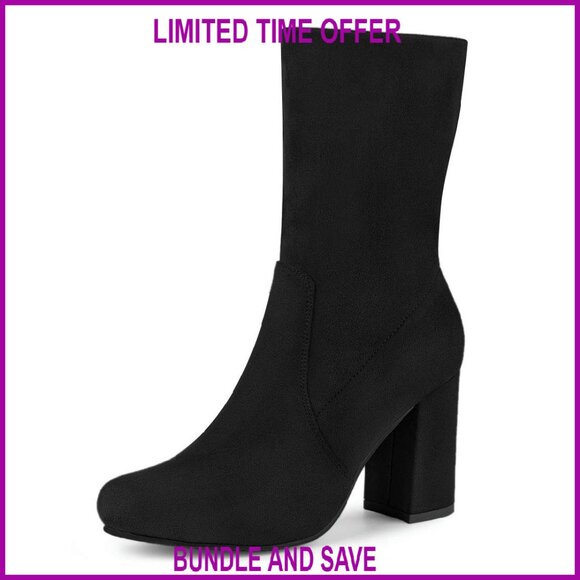Women's Stretch Round Toe Block Heel Sock Ankle Boots Mid Calf
